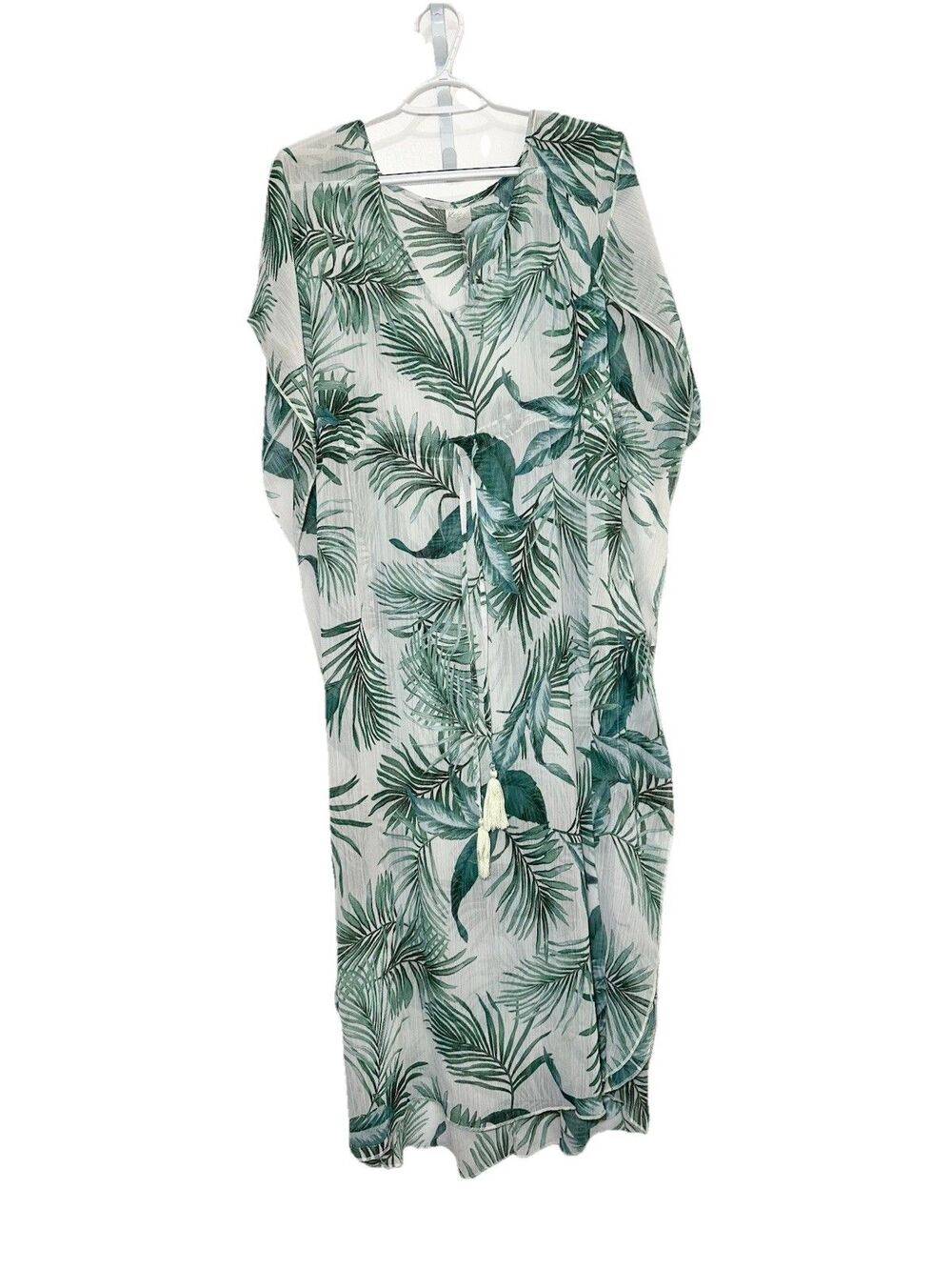 Kona Sol Tropical Palm Cover Up Dress Sheer Tassel Tie Beach Large